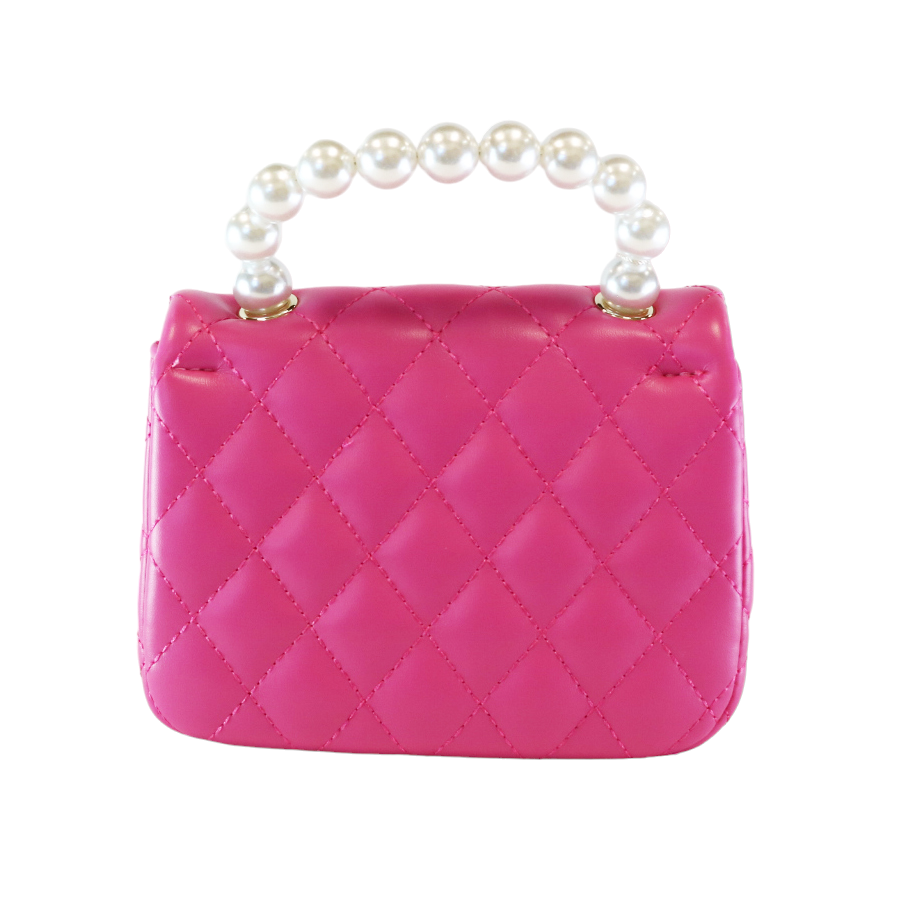 Pearl Handle Quilted Leather Purse w/ Charms - Fuchsia