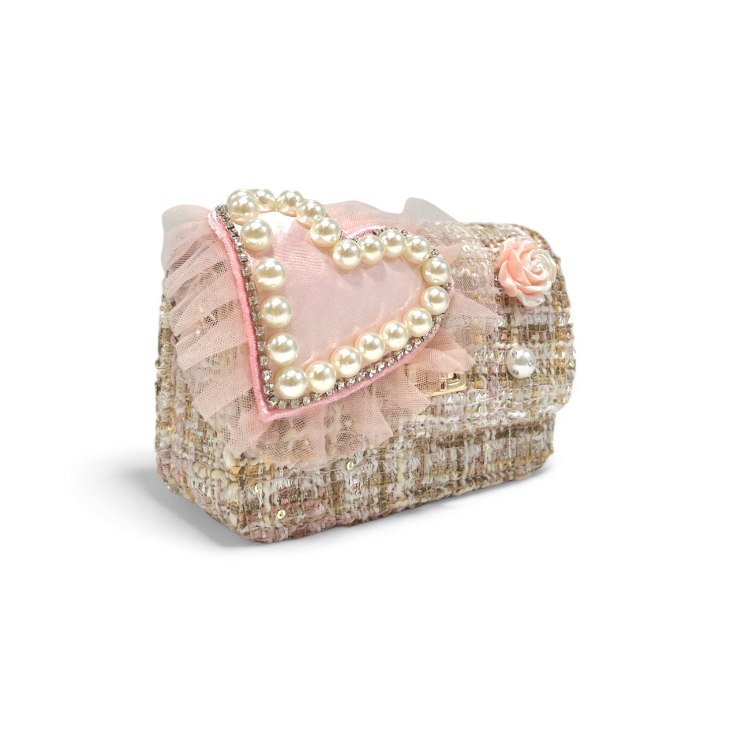 Big Heart Tweed Purse Pink& Beige