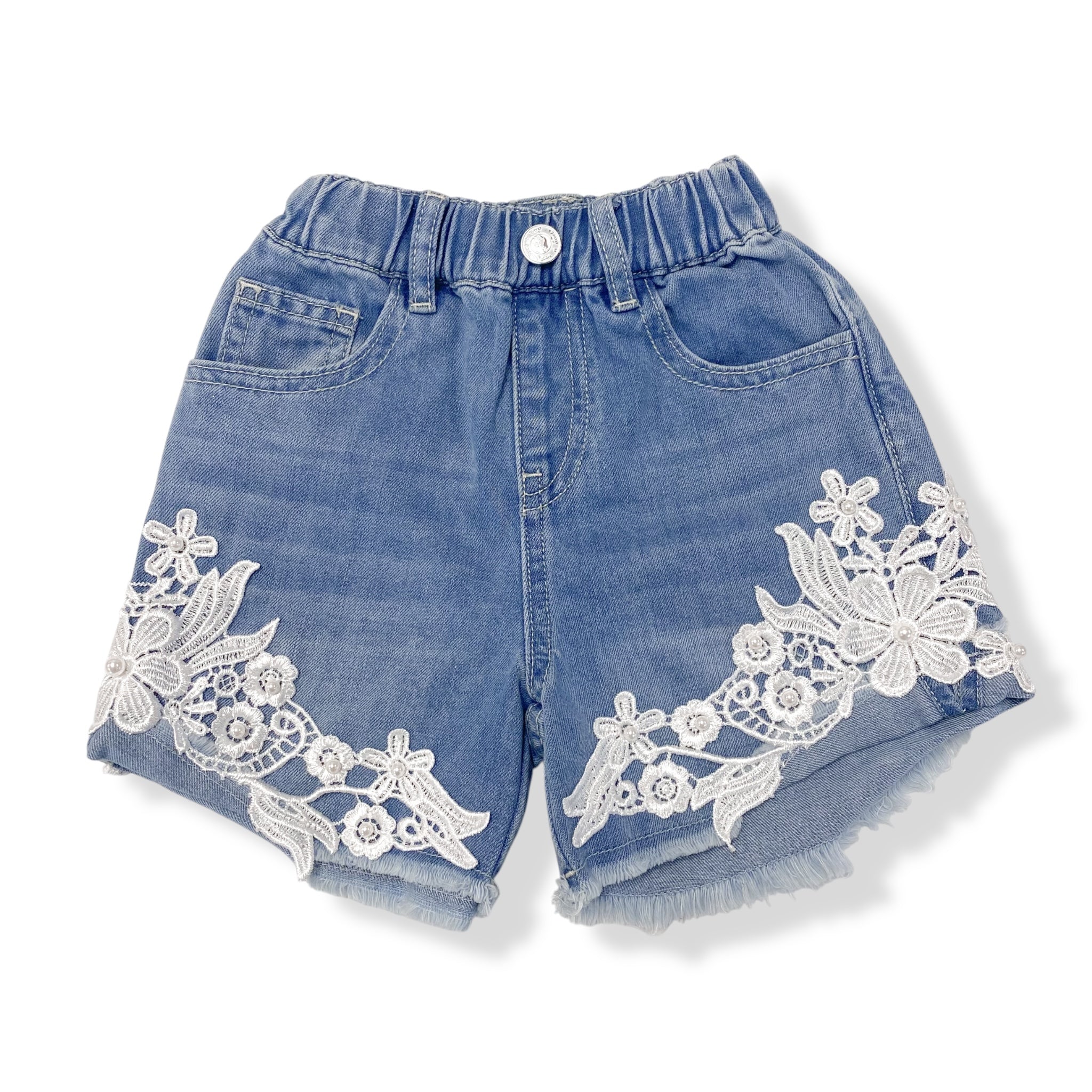 Floral Lace Patch Denim Shorts