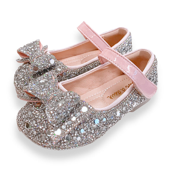 Silver Embellished Bowtie Flat Shoes in Pink - doe a dear