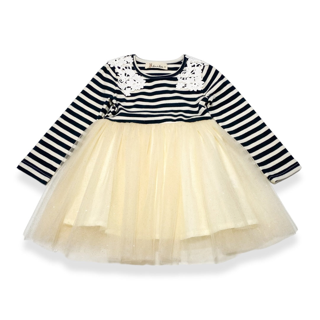 Stripy Tulle Dress with Floral Shoulder Patch - doe a dear