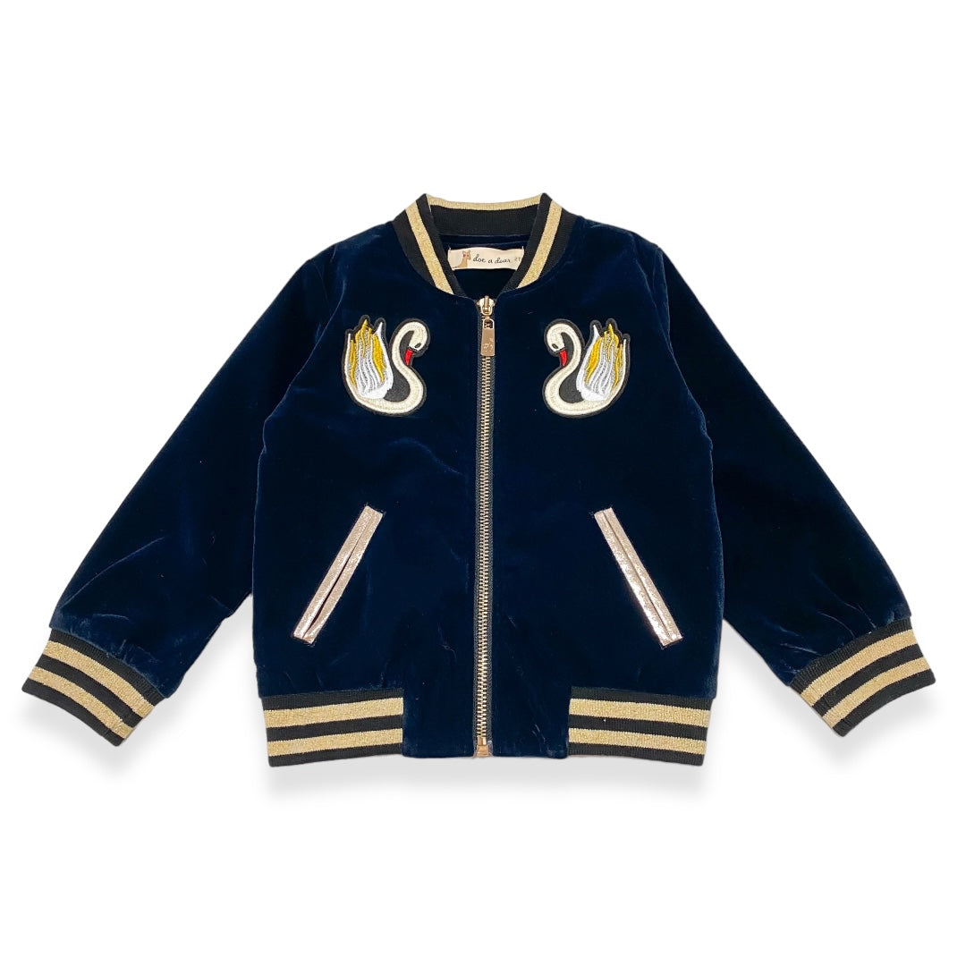 Swan Embroidery Patch Velvet Bomber Jacket - doe a dear