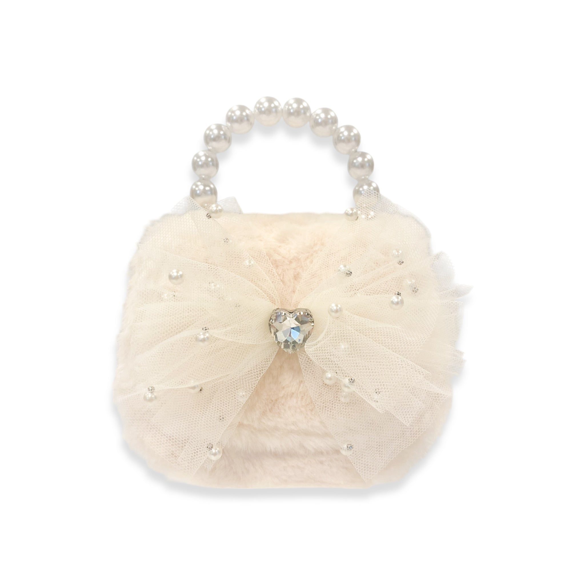 Mesh Bow Furry Purse - Cream