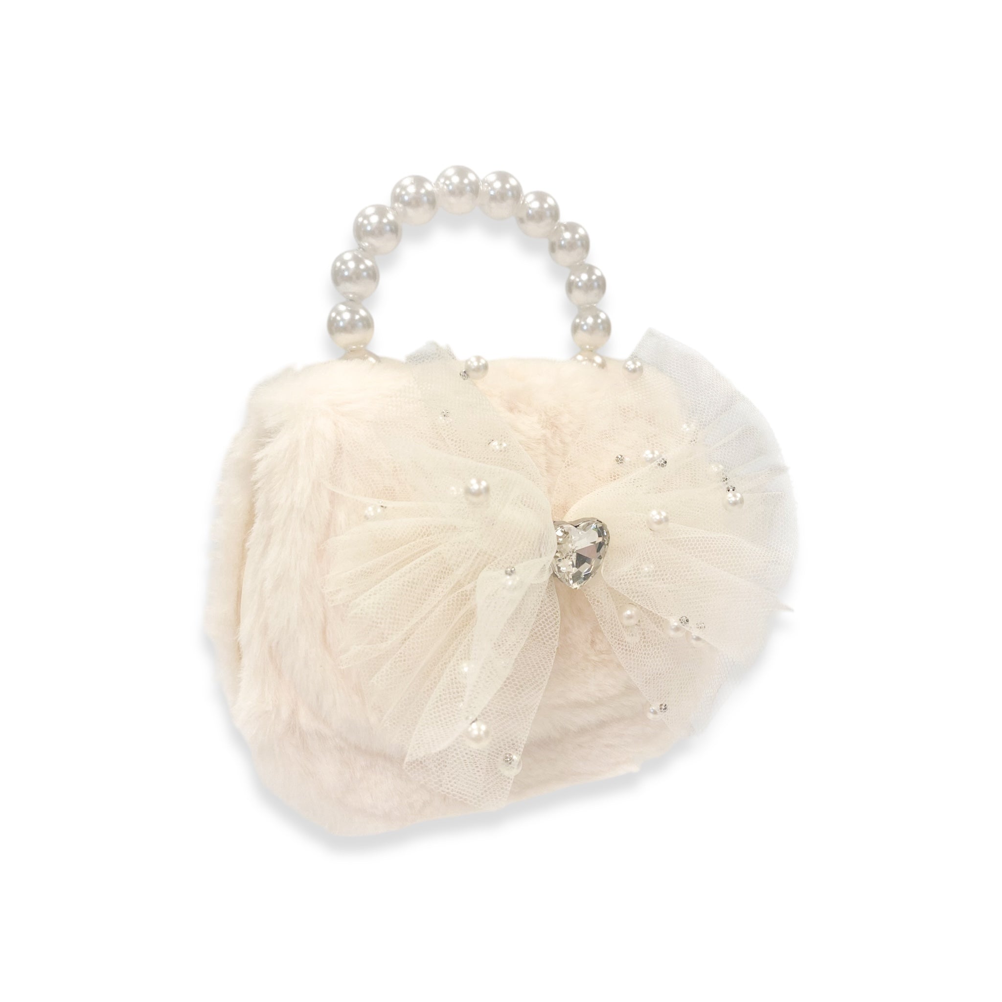 Mesh Bow Furry Purse - Cream