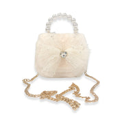 Mesh Bow Furry Purse - Cream