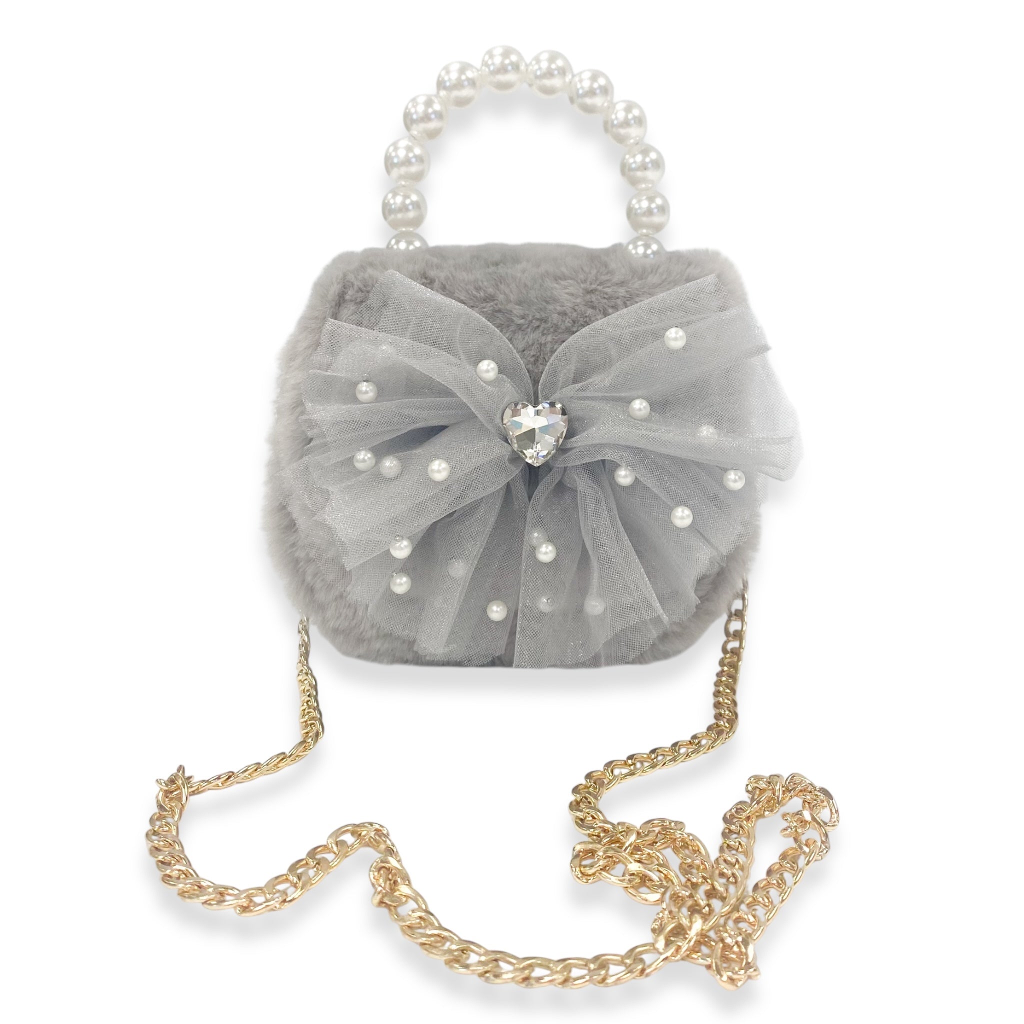 Mesh Bow Furry Purse - Grey