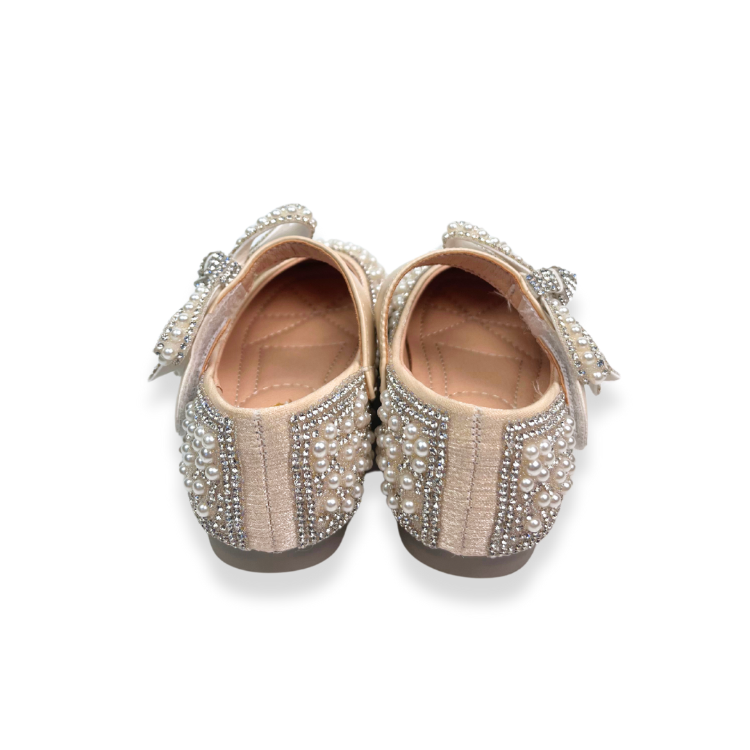 Beige Bowtie Strap Jewel Flat Shoes