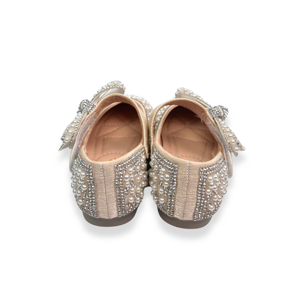 Beige Bowtie Strap Jewel Flat Shoes - doe a dear