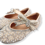 Beige Bowtie Strap Jewel Flat Shoes