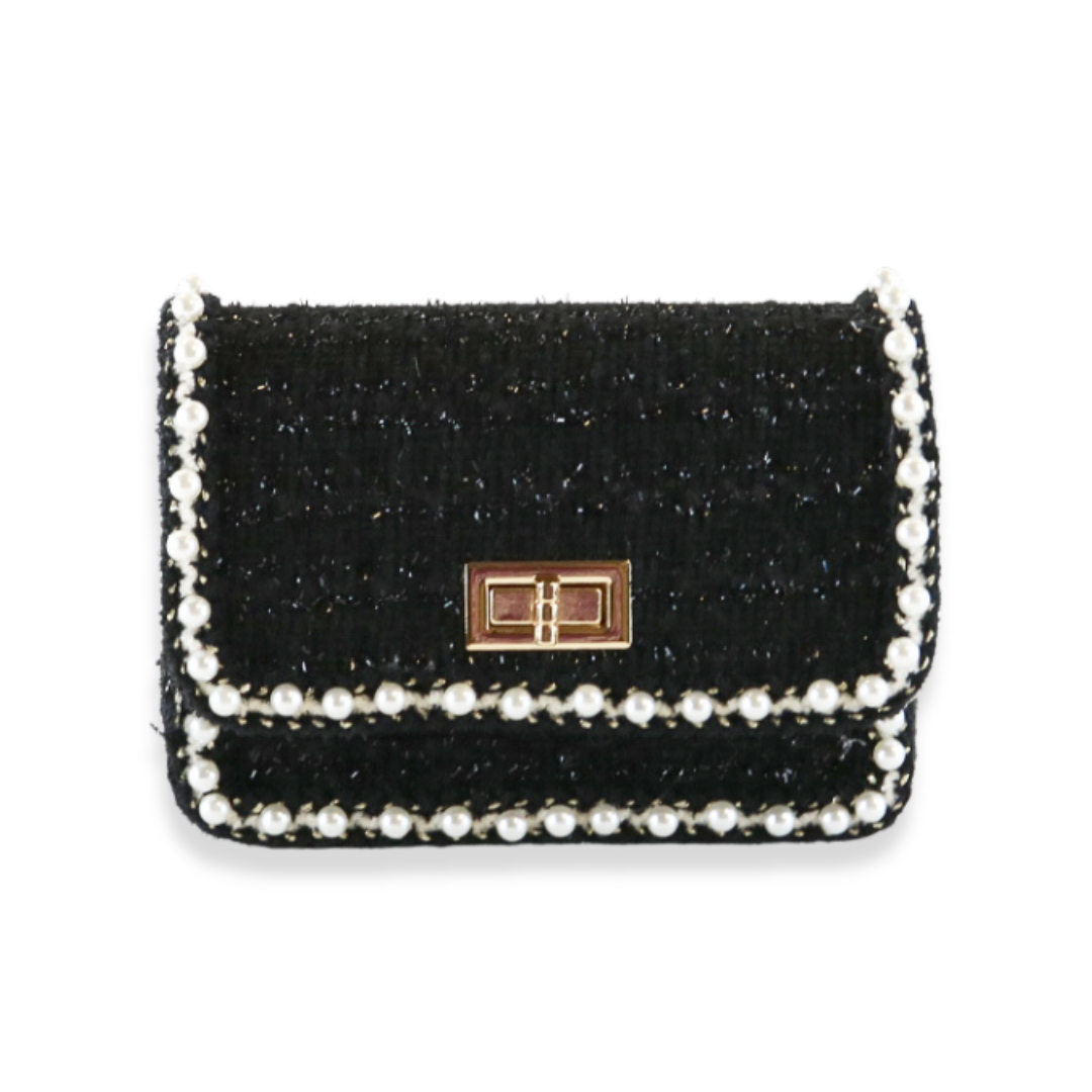 Pearl Trim Tweed Purse - BLACK - doe a dear