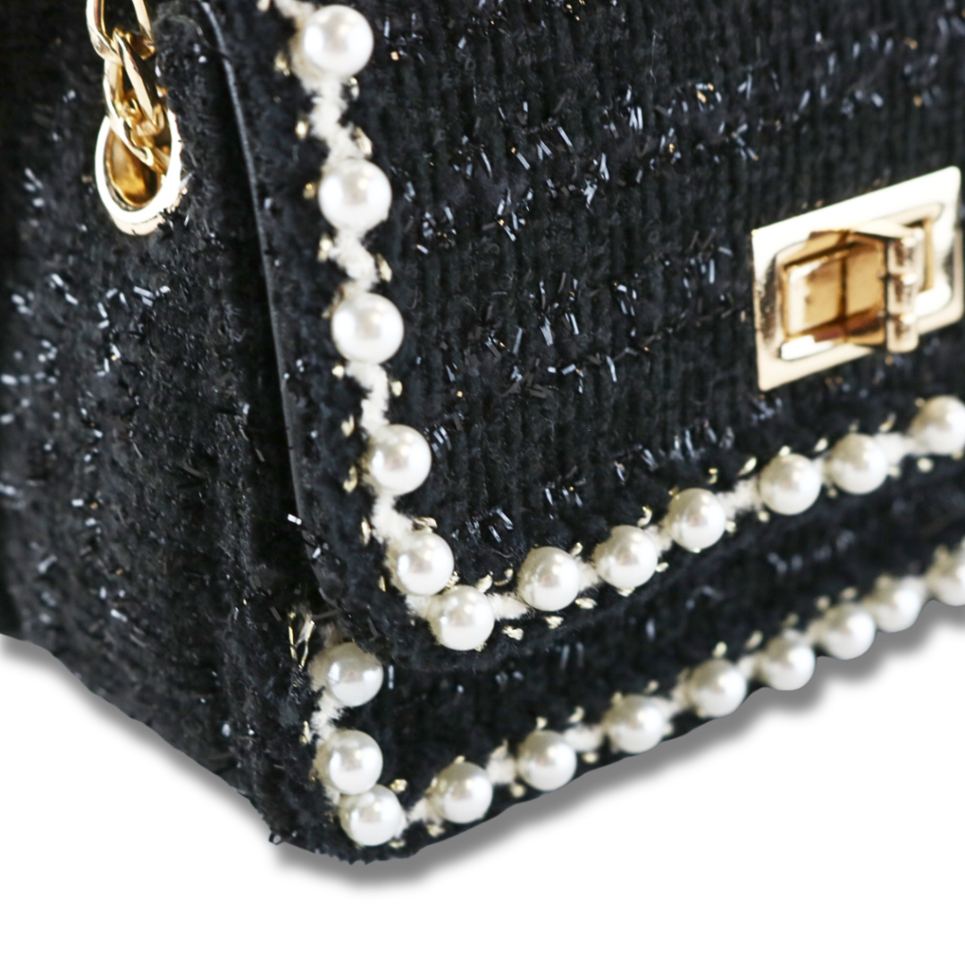 Pearl Trim Tweed Purse - BLACK - doe a dear