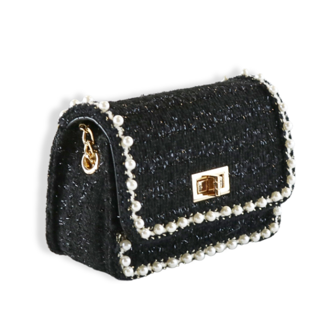 Pearl Trim Tweed Purse - BLACK - doe a dear