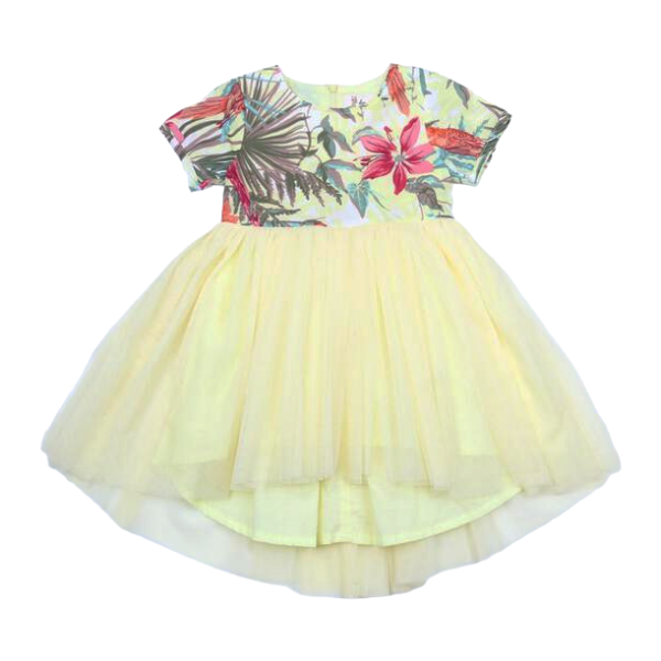 Tropical Print Tulle Dress in Yellow