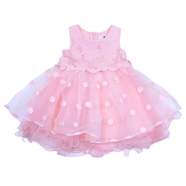 Floral Bodice Polka Dots Tulle Dress - Pink