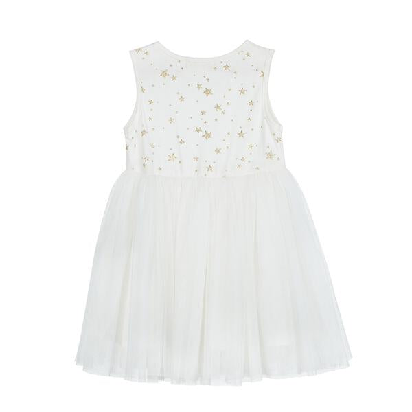 Glitter Gold Star Tulle Dress White