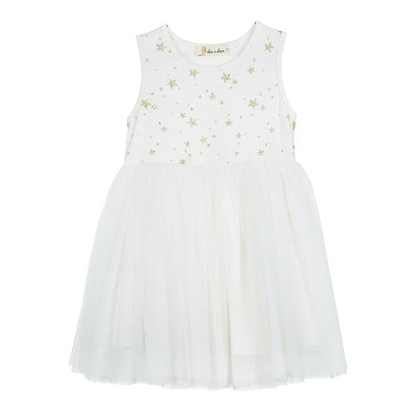 Glitter Gold Star Tulle Dress White