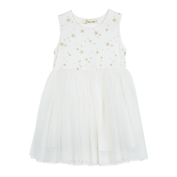 Glitter Gold Star Tulle Dress White - doe a dear