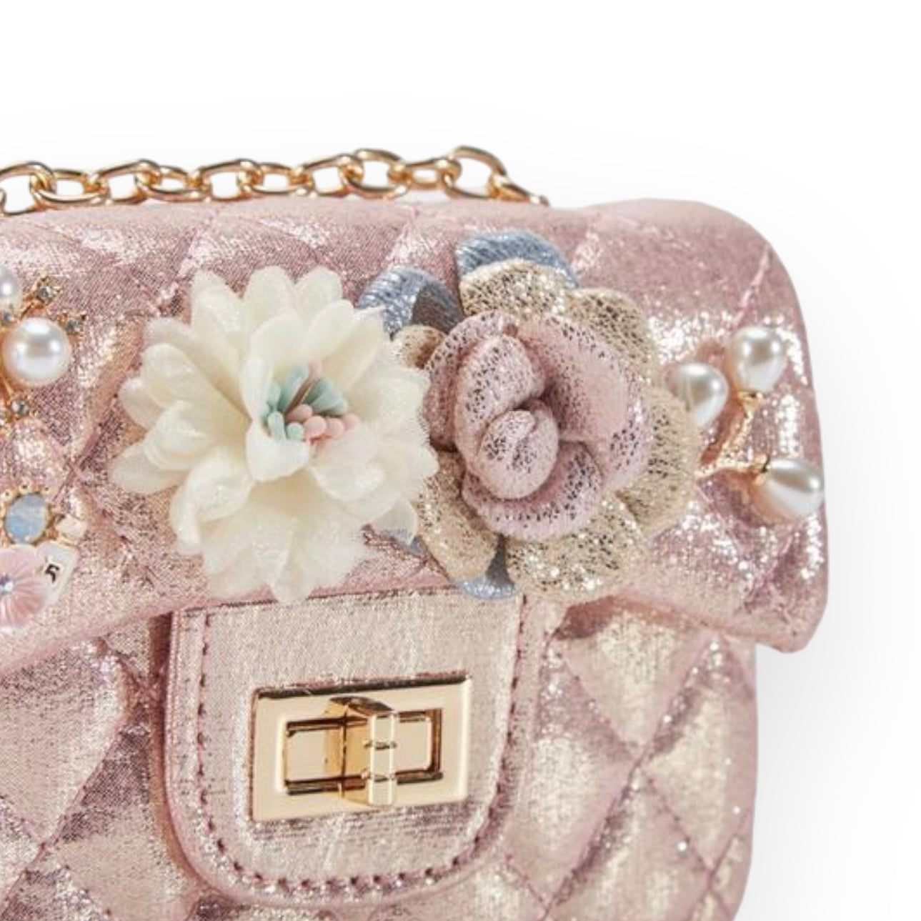 Floral Shiny Quilted Purse - Pink - doe a dear