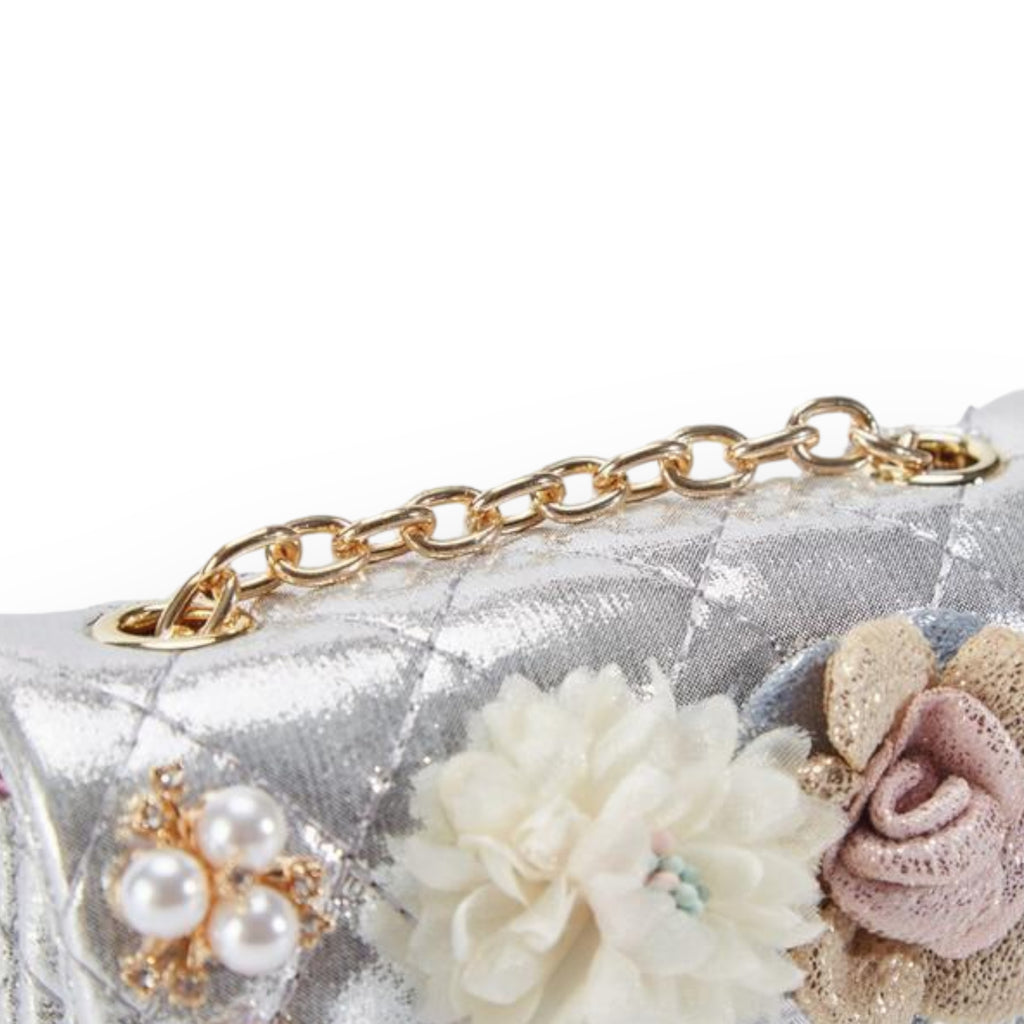 Floral Shiny Quilted Purse - Silver