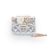 Floral Shiny Quilted Purse - Silver