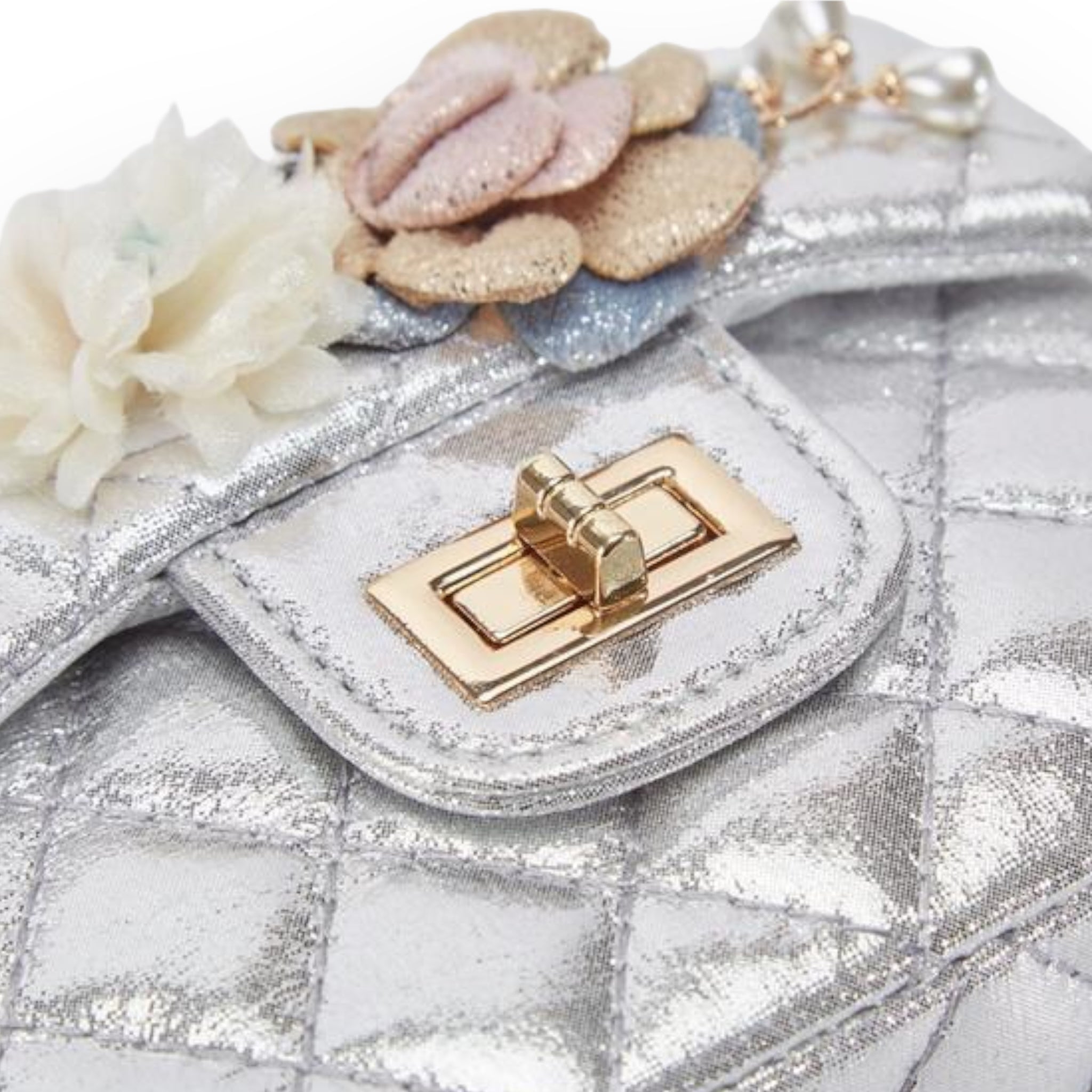 Floral Shiny Quilted Purse - Silver - doe a dear