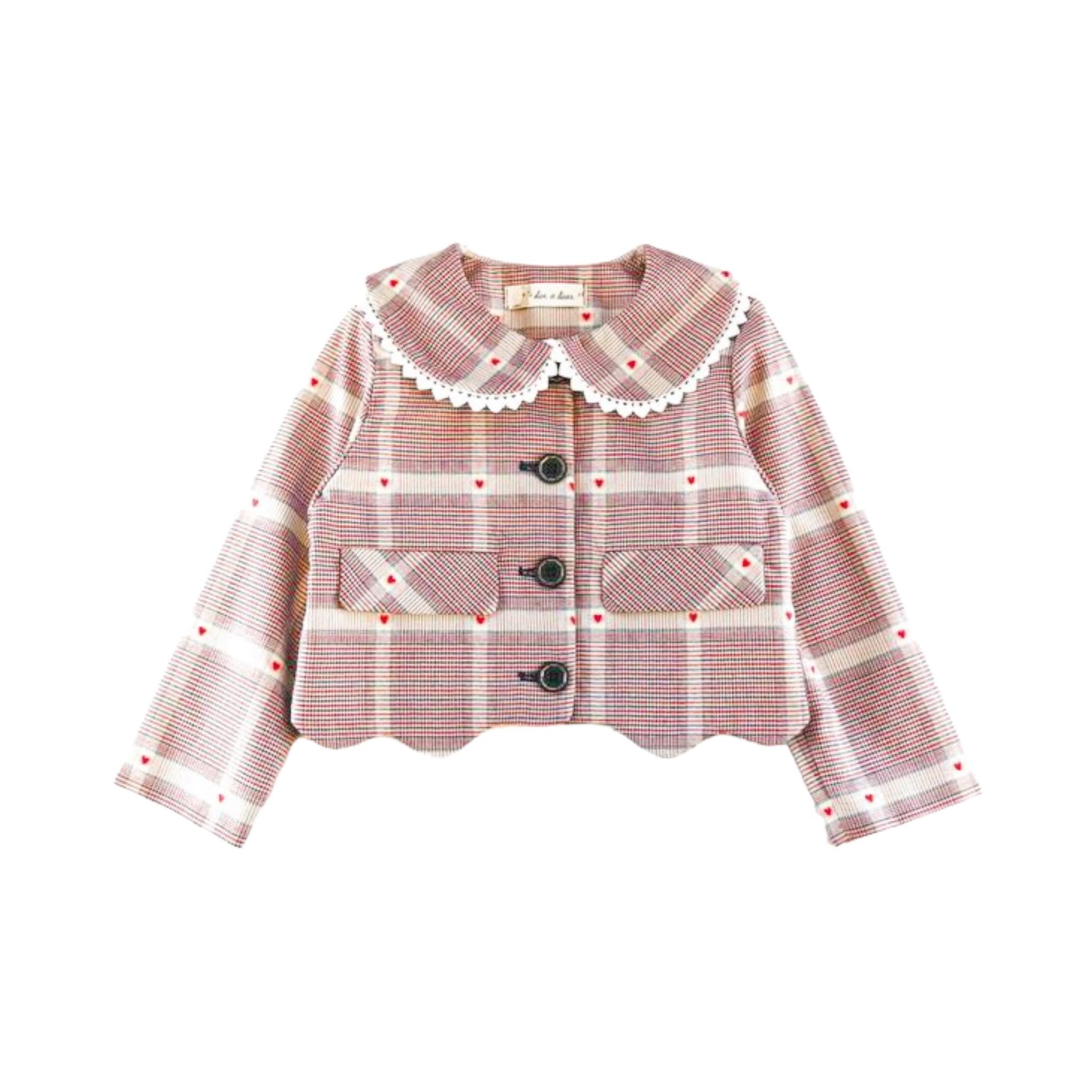 Heart Plaid Picot Hem Jacket - Red - doe a dear