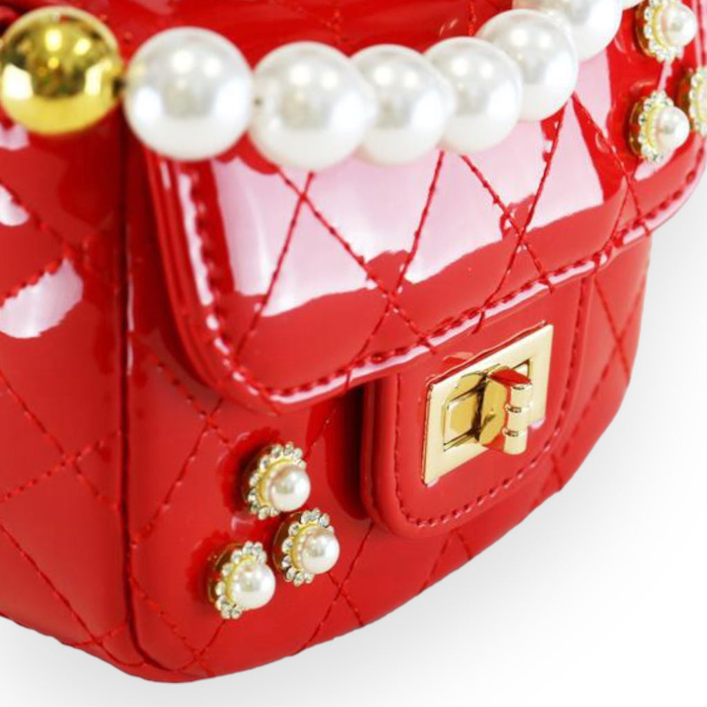 Embellished Patent Quilted Purse - Red