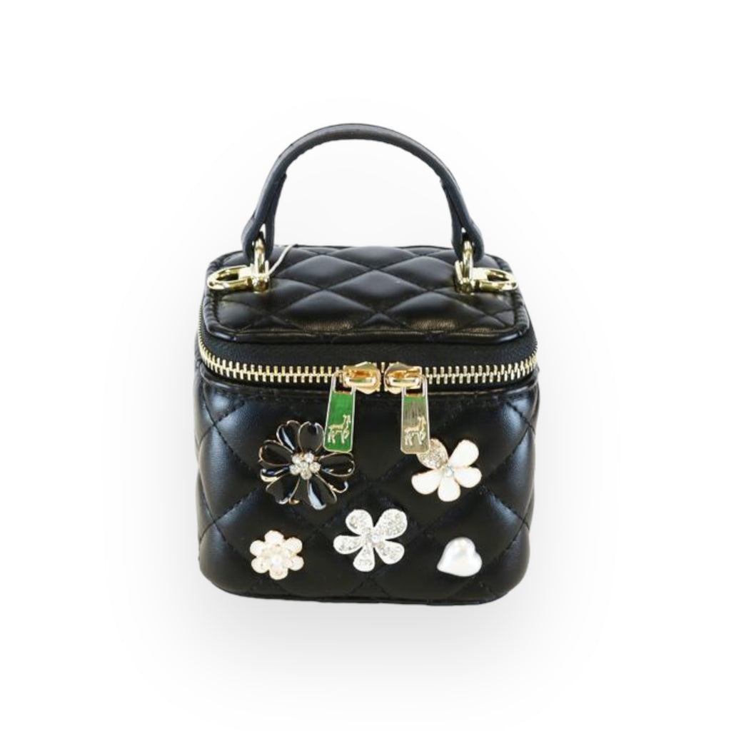 Quilted Top-Handle Bag w/ Charms - Black