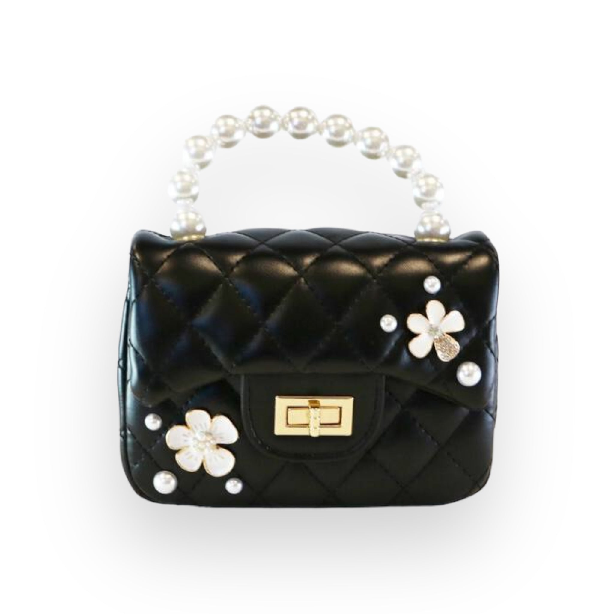 Pearl Handle Quilted Leather Purse w/ Charms - Black - doe a dear