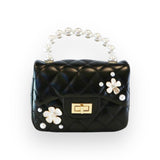 Pearl Handle Quilted Leather Purse w/ Charms - Black