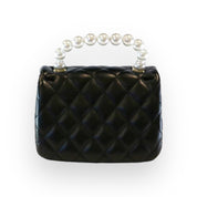 Pearl Handle Quilted Leather Purse w/ Charms - Black