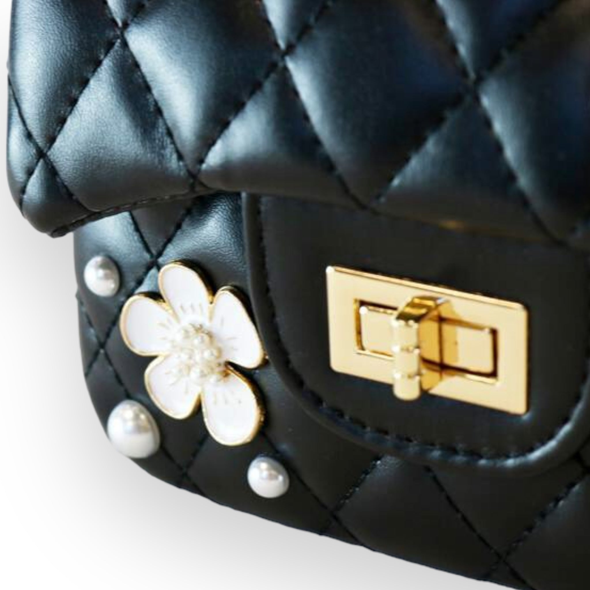 Pearl Handle Quilted Leather Purse w/ Charms - Black - doe a dear