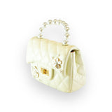 Pearl Handle Quilted Leather Purse w/ Charms - Cream