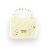 Pearl Handle Quilted Leather Purse w/ Charms - Cream