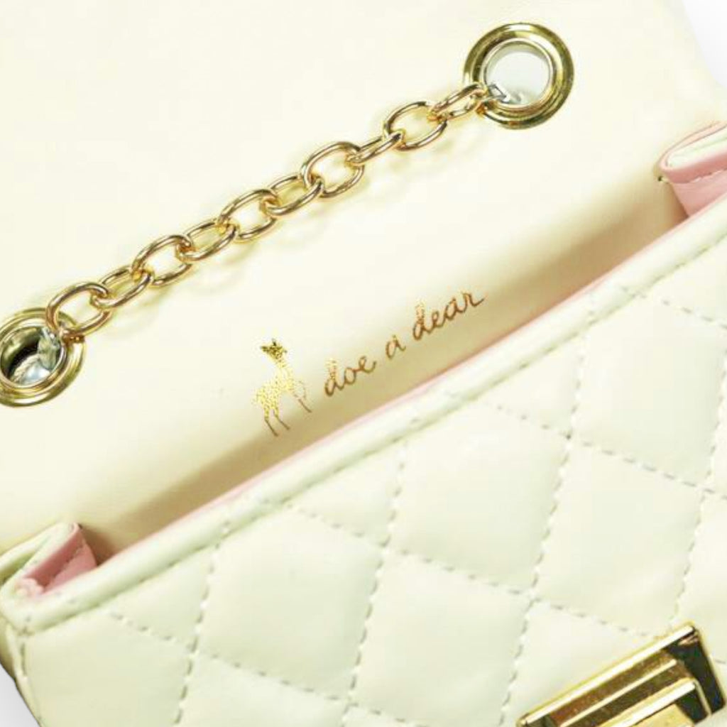 Pearl Handle Quilted Leather Purse w/ Charms - Cream