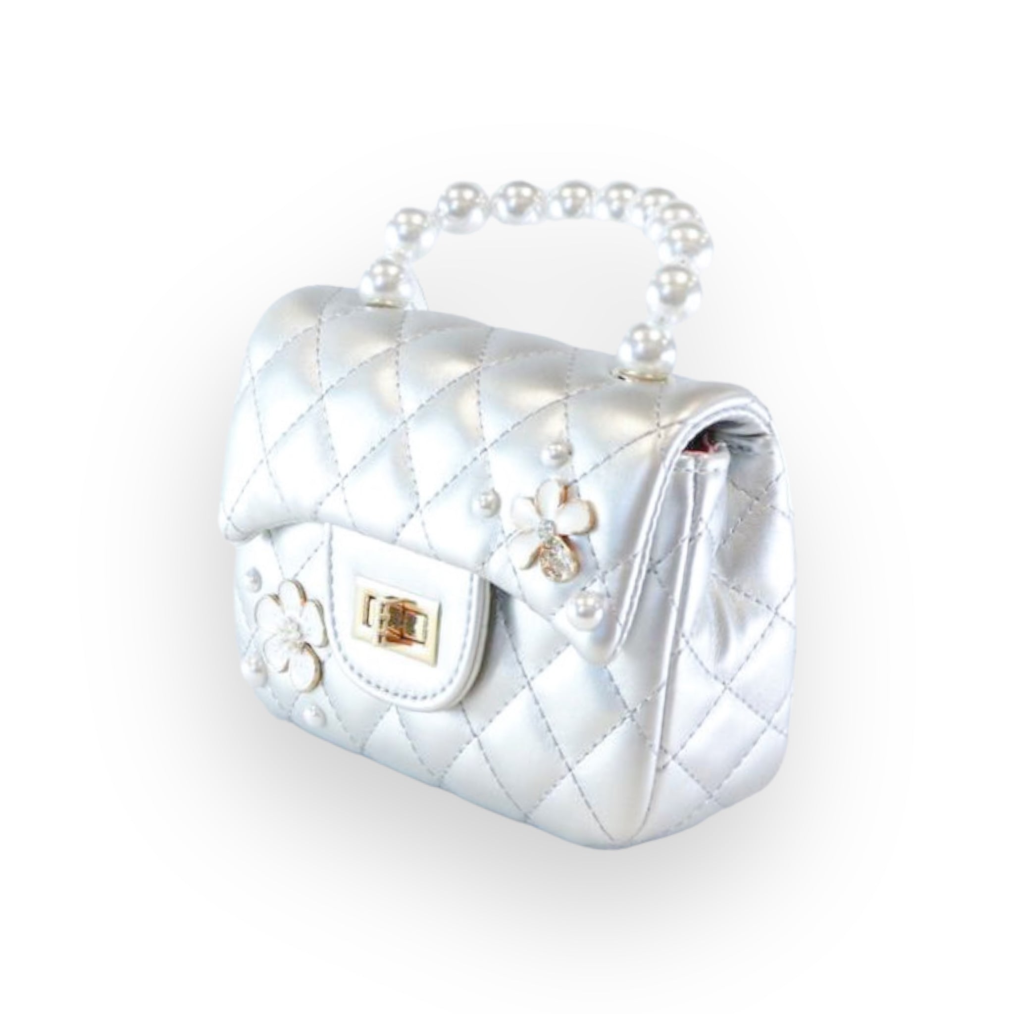 Pearl Handle Quilted Leather Purse w/ Charms - Silver - doe a dear