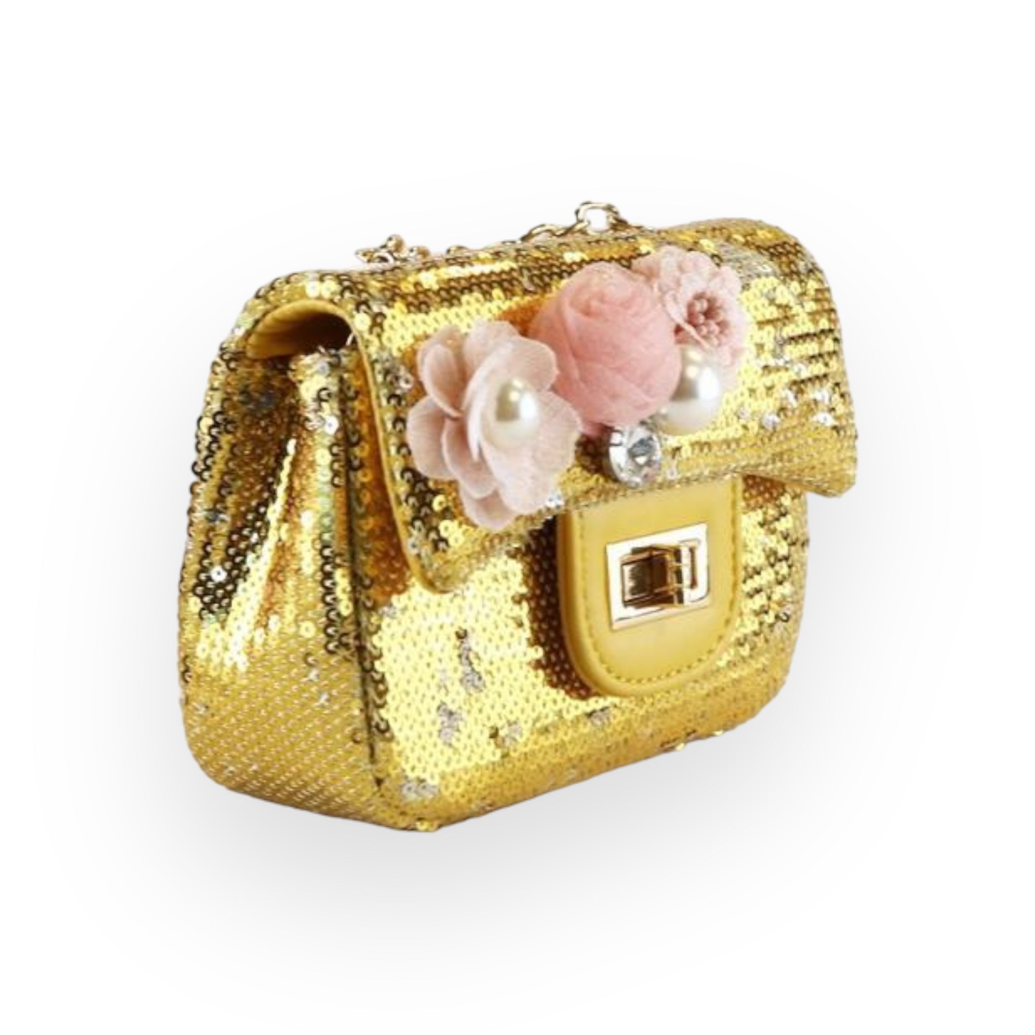 Floral Appliques Sequin Purse - Gold - doe a dear