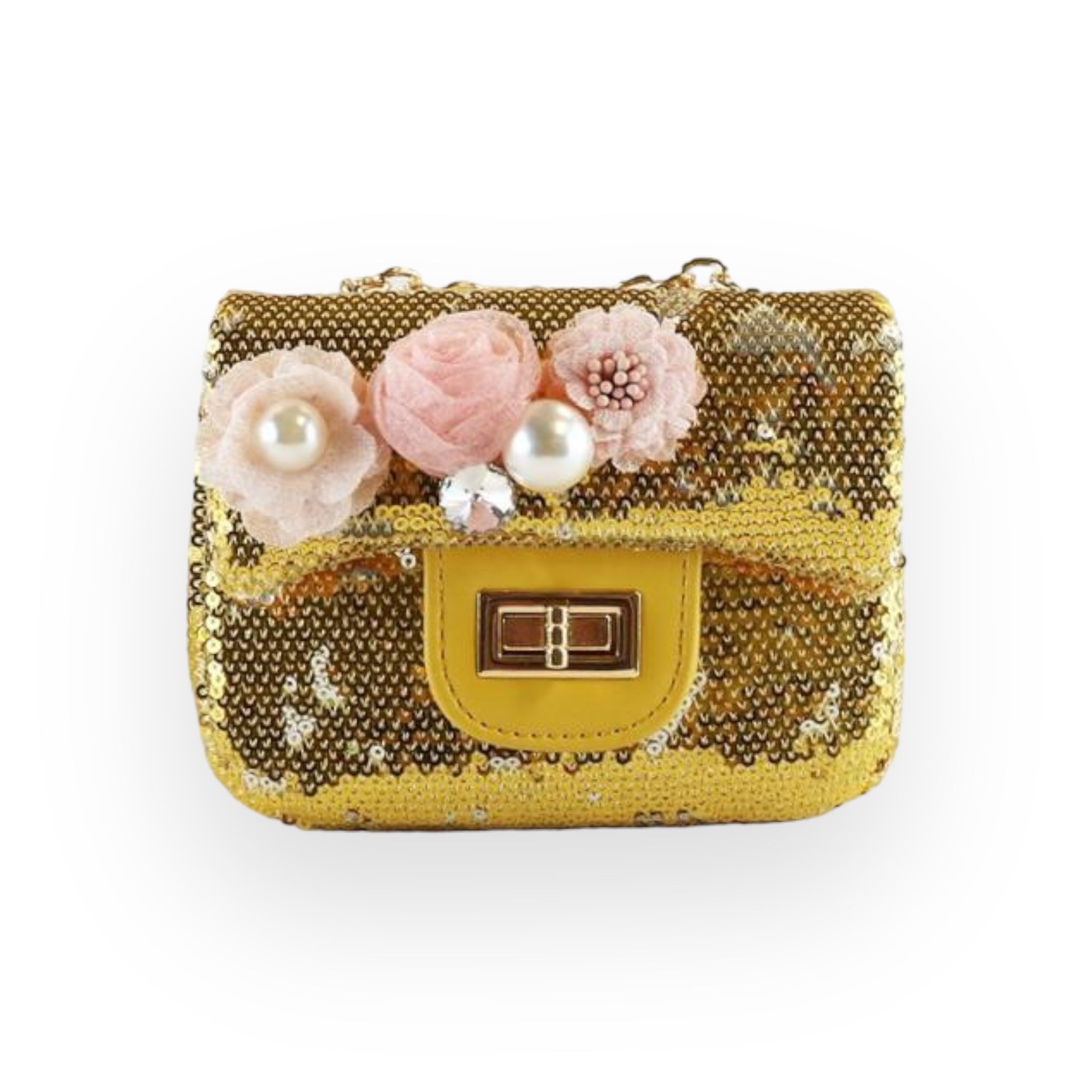 Floral Appliques Sequin Purse - Gold - doe a dear