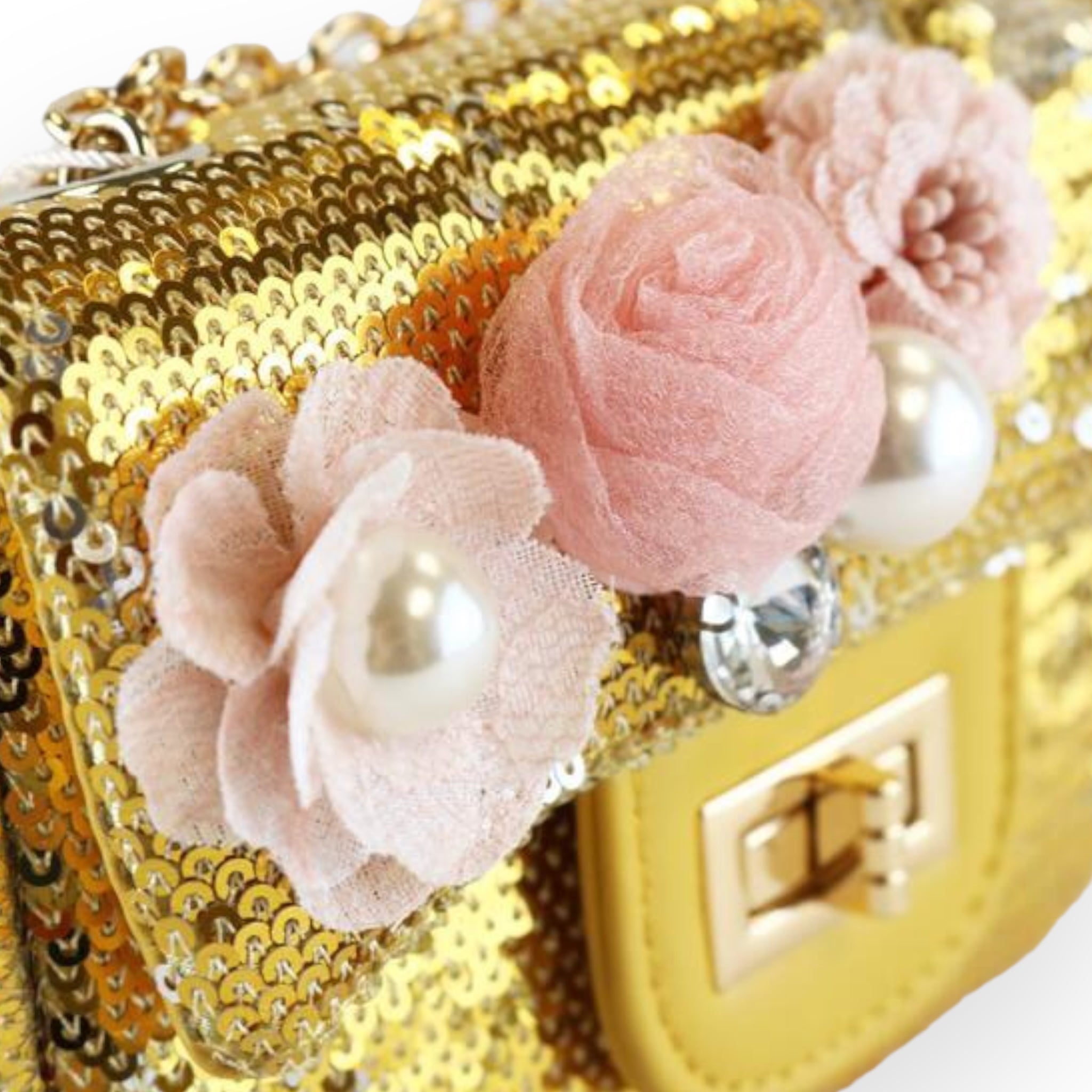 Floral Appliques Sequin Purse - Gold - doe a dear