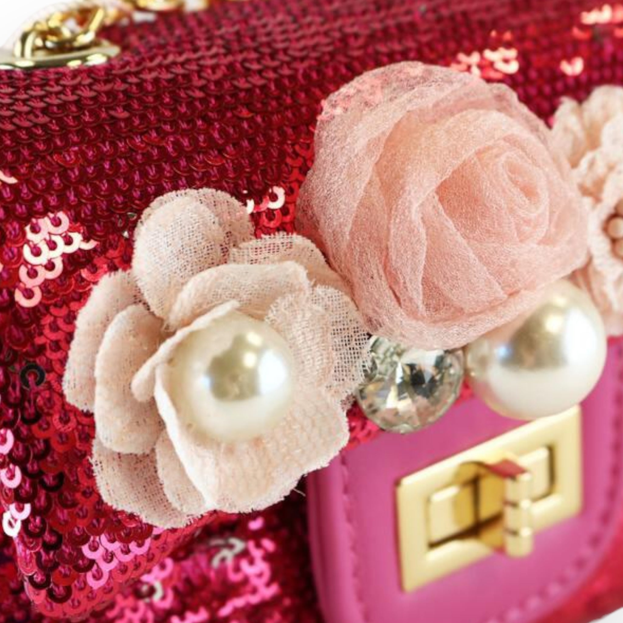 Floral Appliques Sequin Purse - Fuchsia - doe a dear