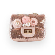 Floral Appliques Sequin Purse - Rose Gold - doe a dear