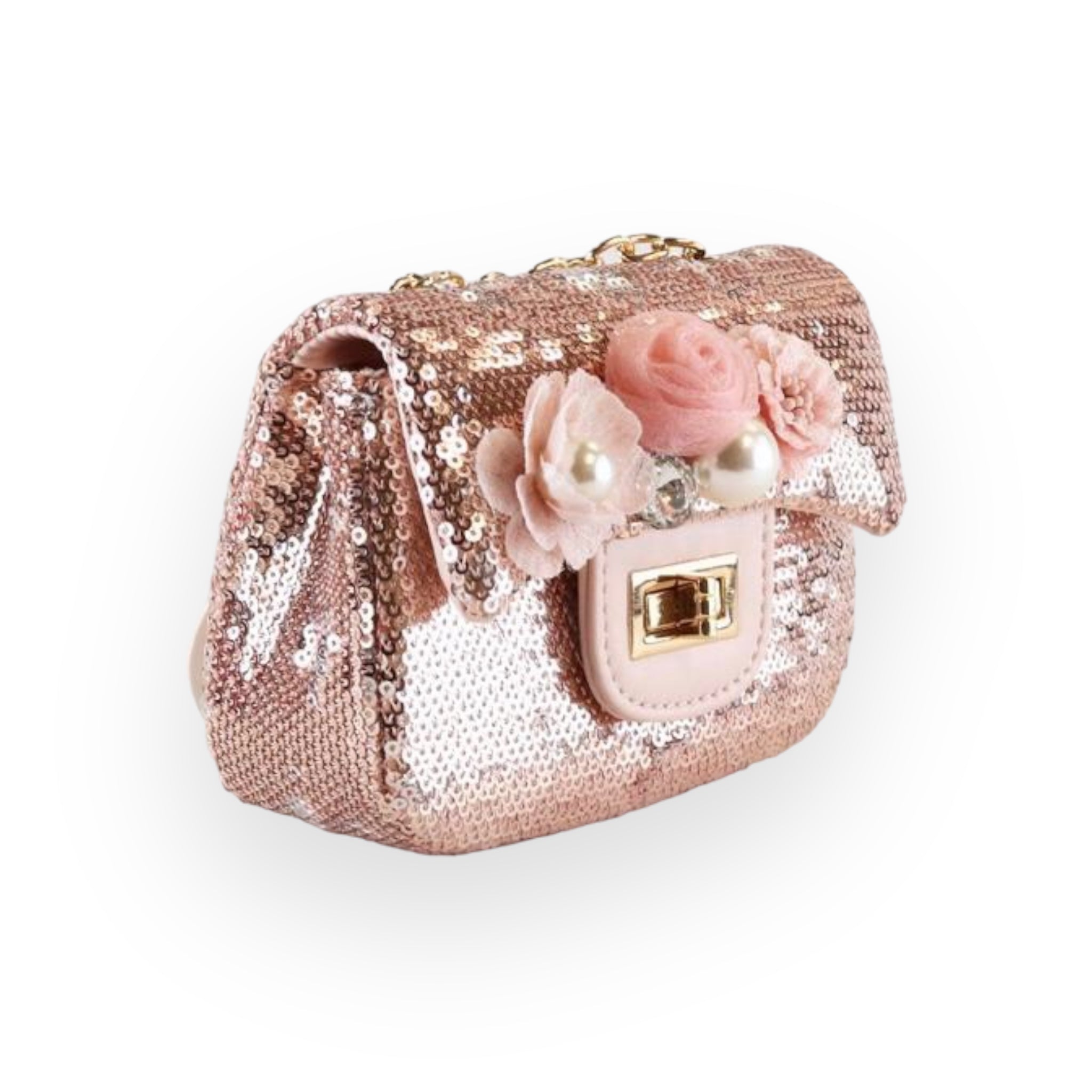 Floral Appliques Sequin Purse - Rose Gold - doe a dear
