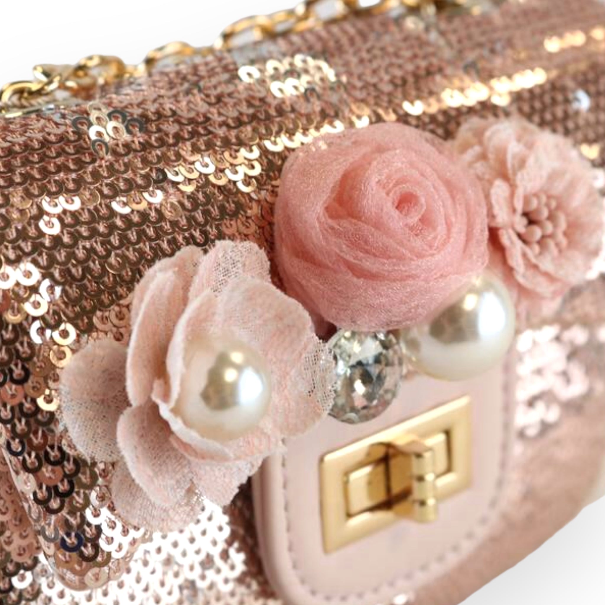Floral Appliques Sequin Purse - Rose Gold - doe a dear