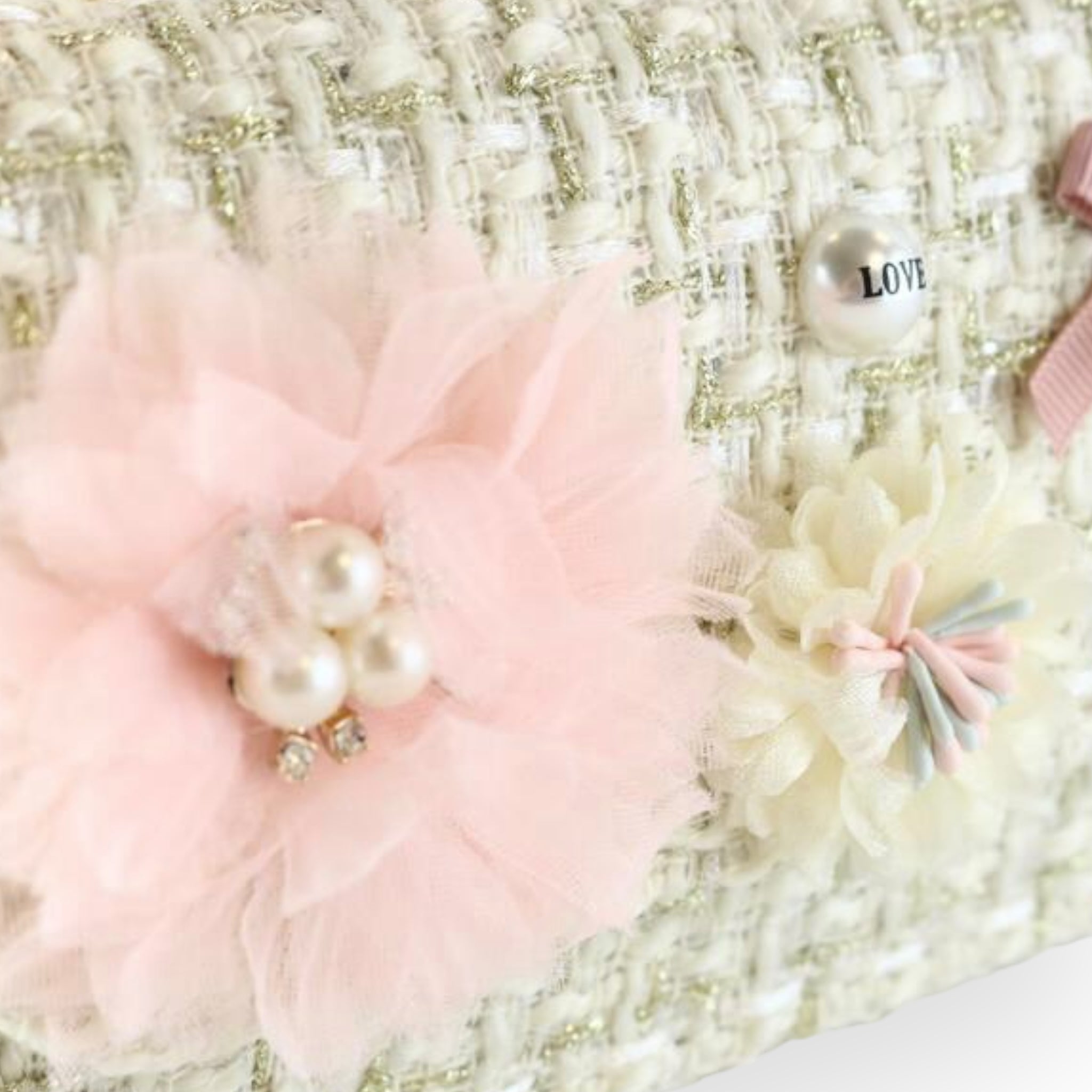 Floral Appliques Tweed Purse - Beige - doe a dear