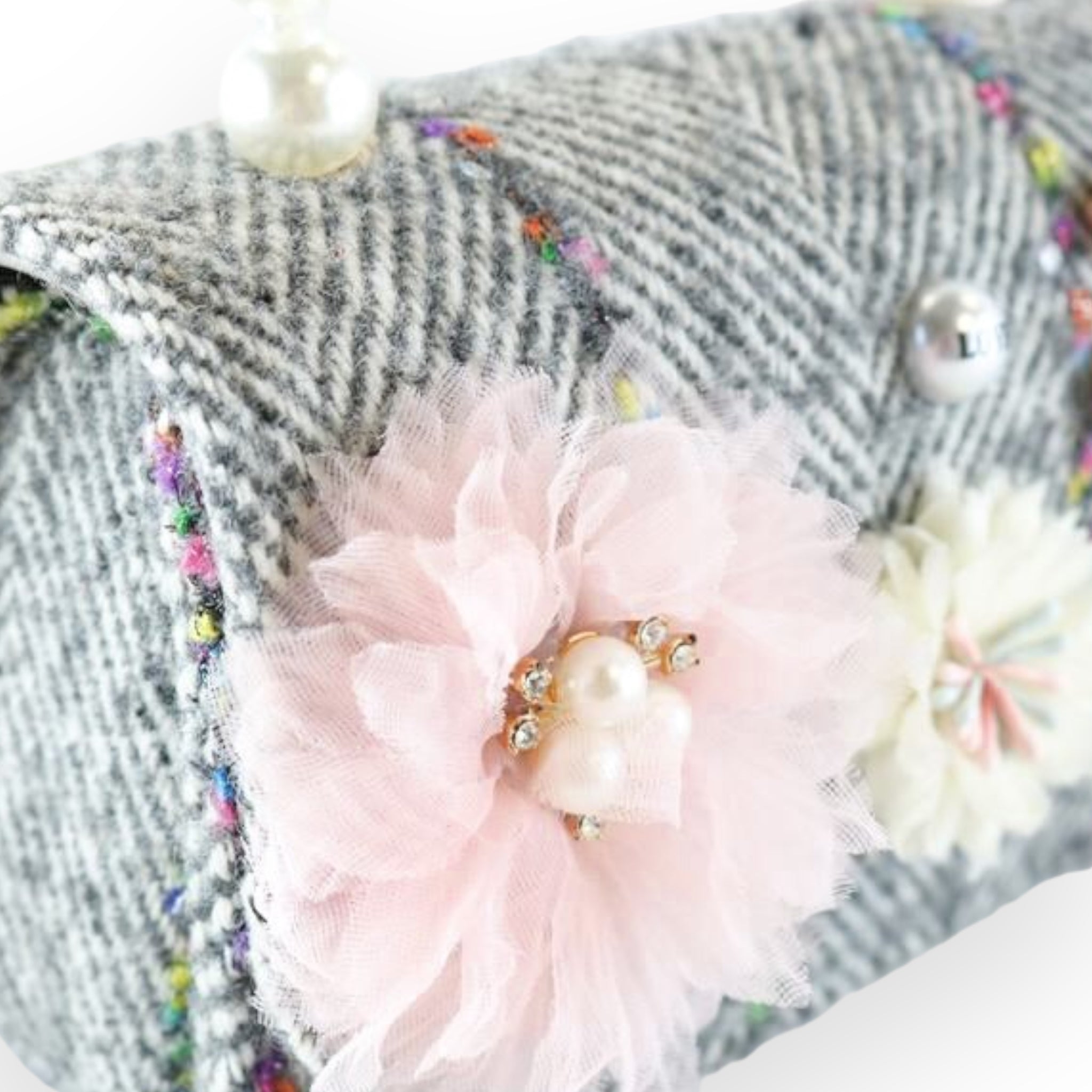 Floral Appliques Tweed Purse - Grey - doe a dear