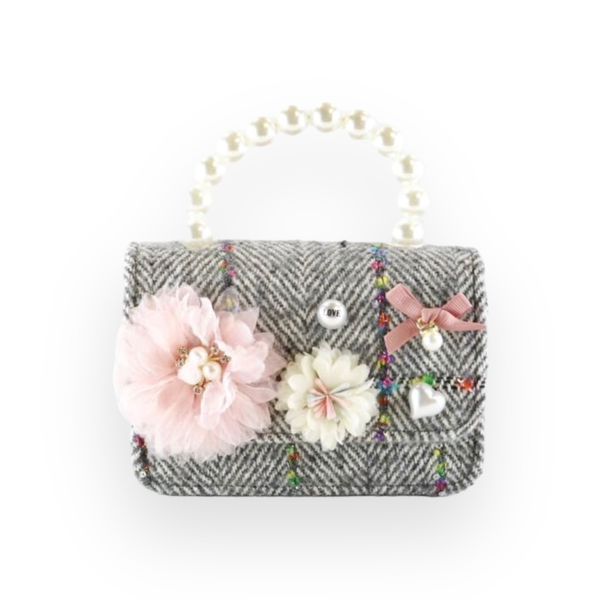Floral Appliques Tweed Purse - Grey - doe a dear