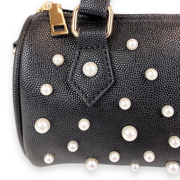 Pearl Studs Black Leather Barrel Bag - doe a dear