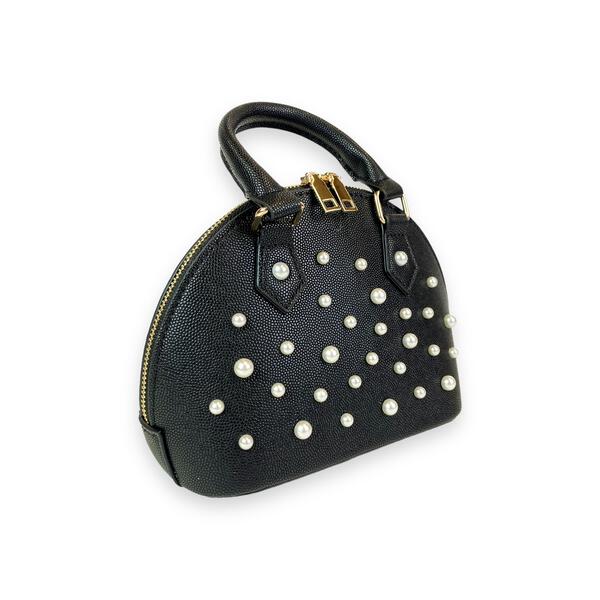 Pearl Studs Black Leather Satchel Bag