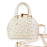 Pearl Studs Cream Leather Satchel Bag