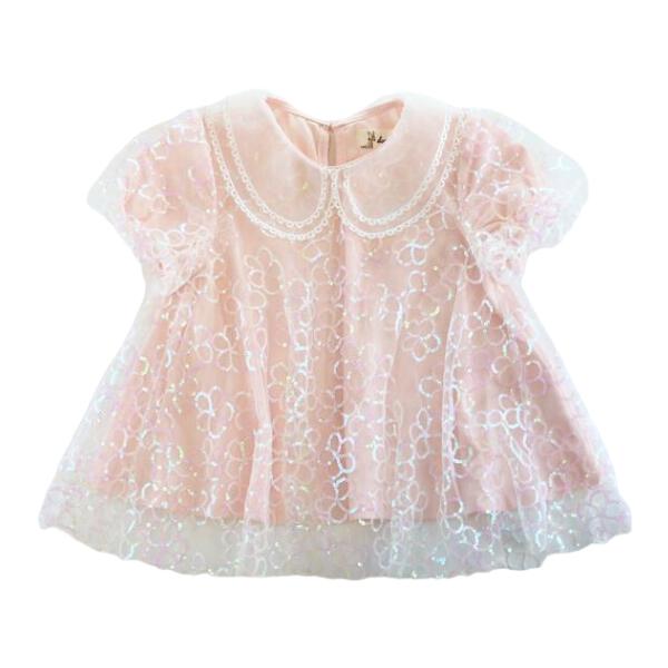 Pink Sequin Floral Mesh Layer Top